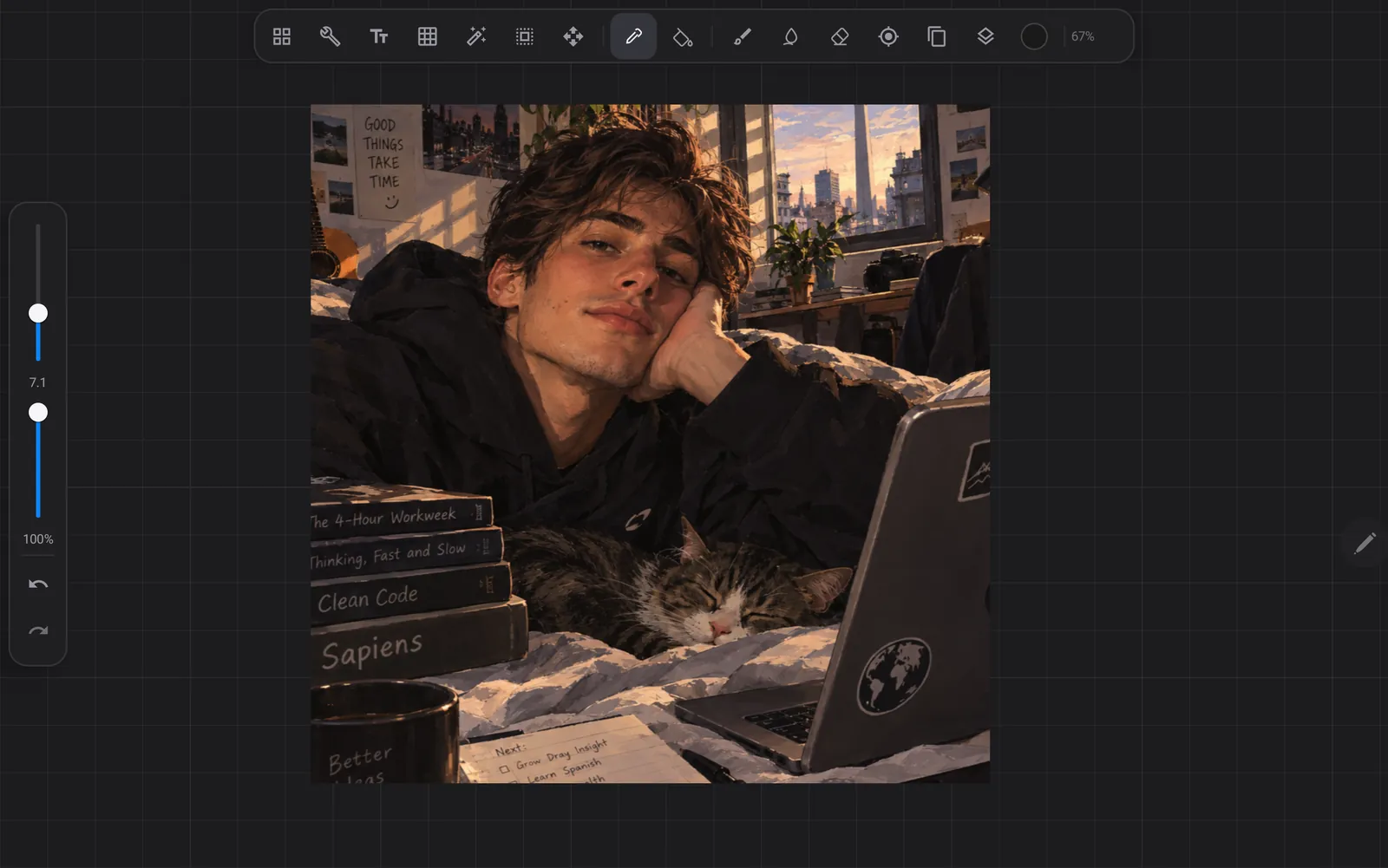 The YoDraw canvas filling the screen. A tool bar sits along the top, size and opacity sliders run down the left edge, and the zoom level reads 67 per cent.